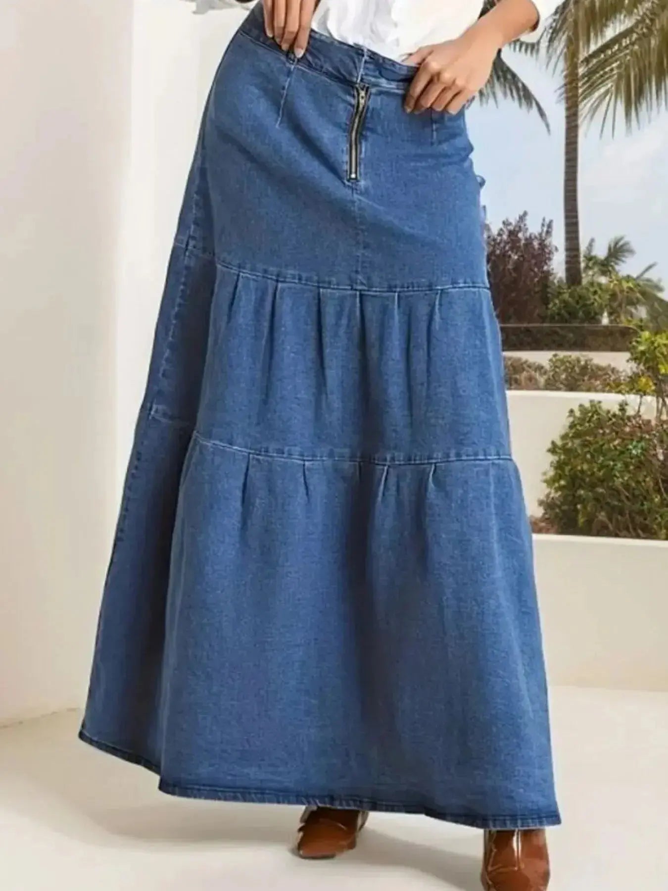 Tiered Maxi Denim Skirt with Zipper Detail - Plush Fashion Hub