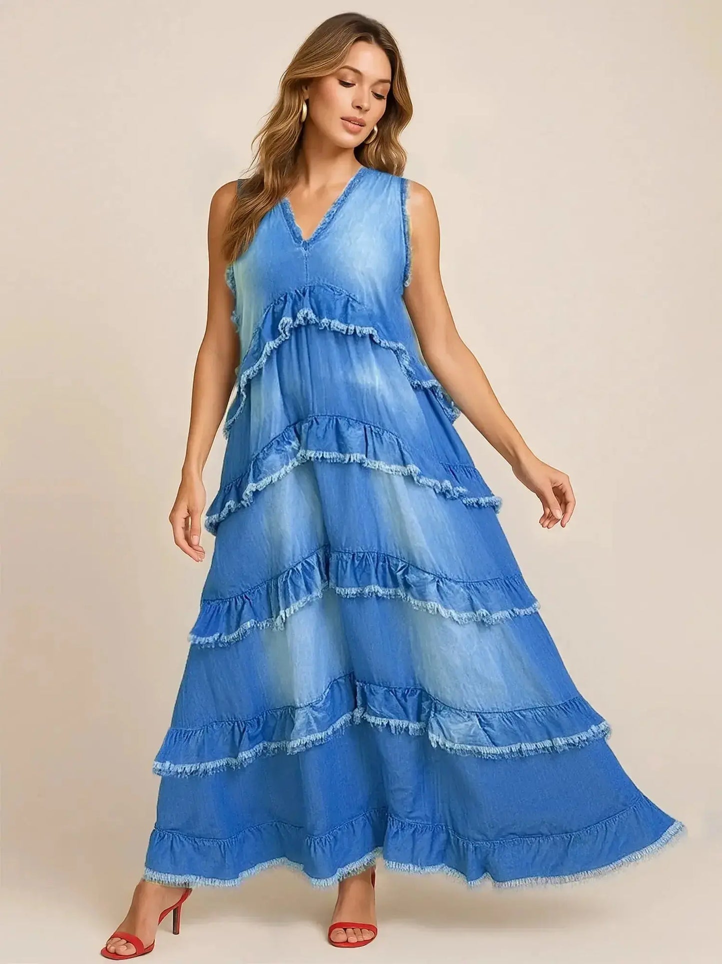 Raw Hem Layered Denim Maxi Dress - Plush Fashion Hub