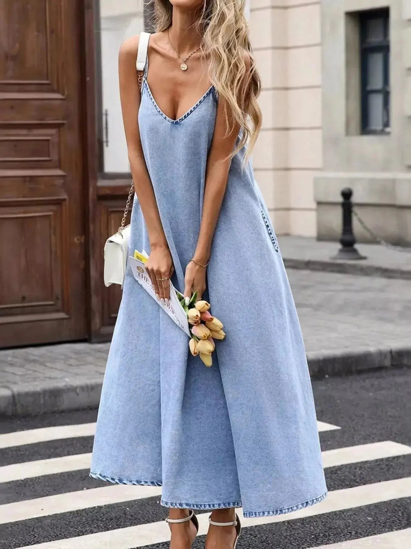 V-Neck Denim Cami Dress - Plush Fashion Hub