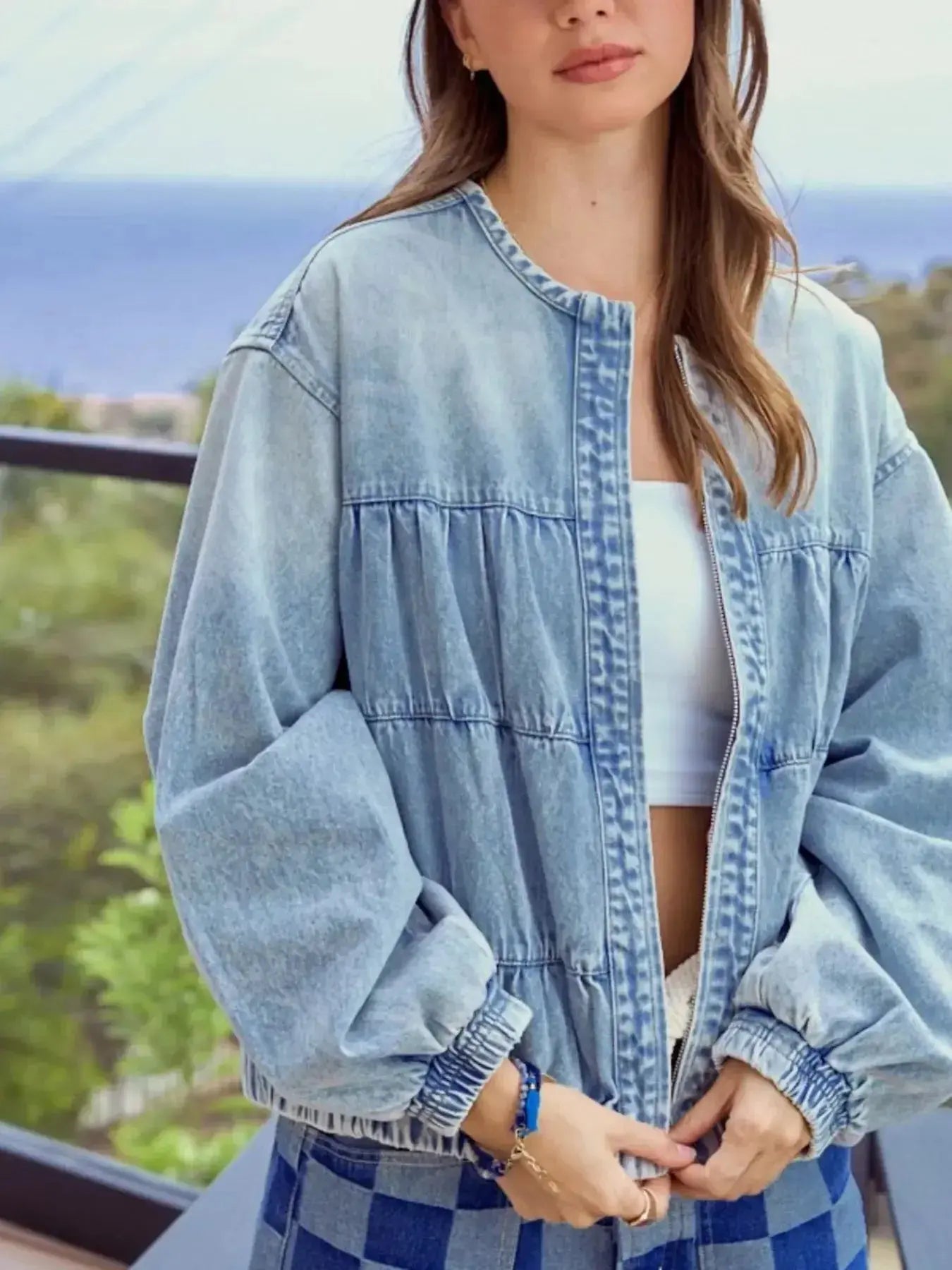 Washed Zip Up Denim Jacket - Plush Fashion Hub