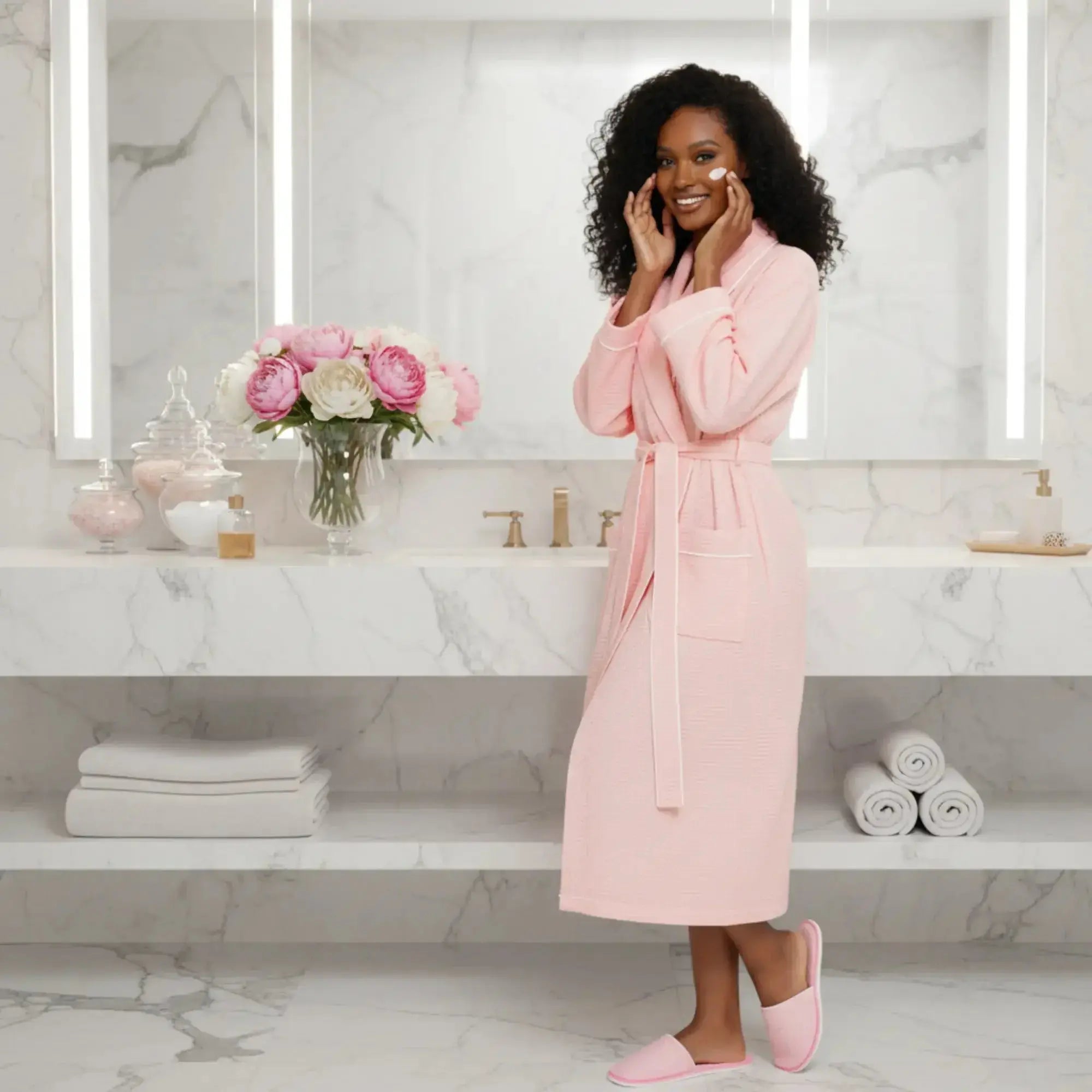 Women’s Waffle Piping Bathrobe – Lightweight Spa-Style Comfort - Plush Fashion Hub