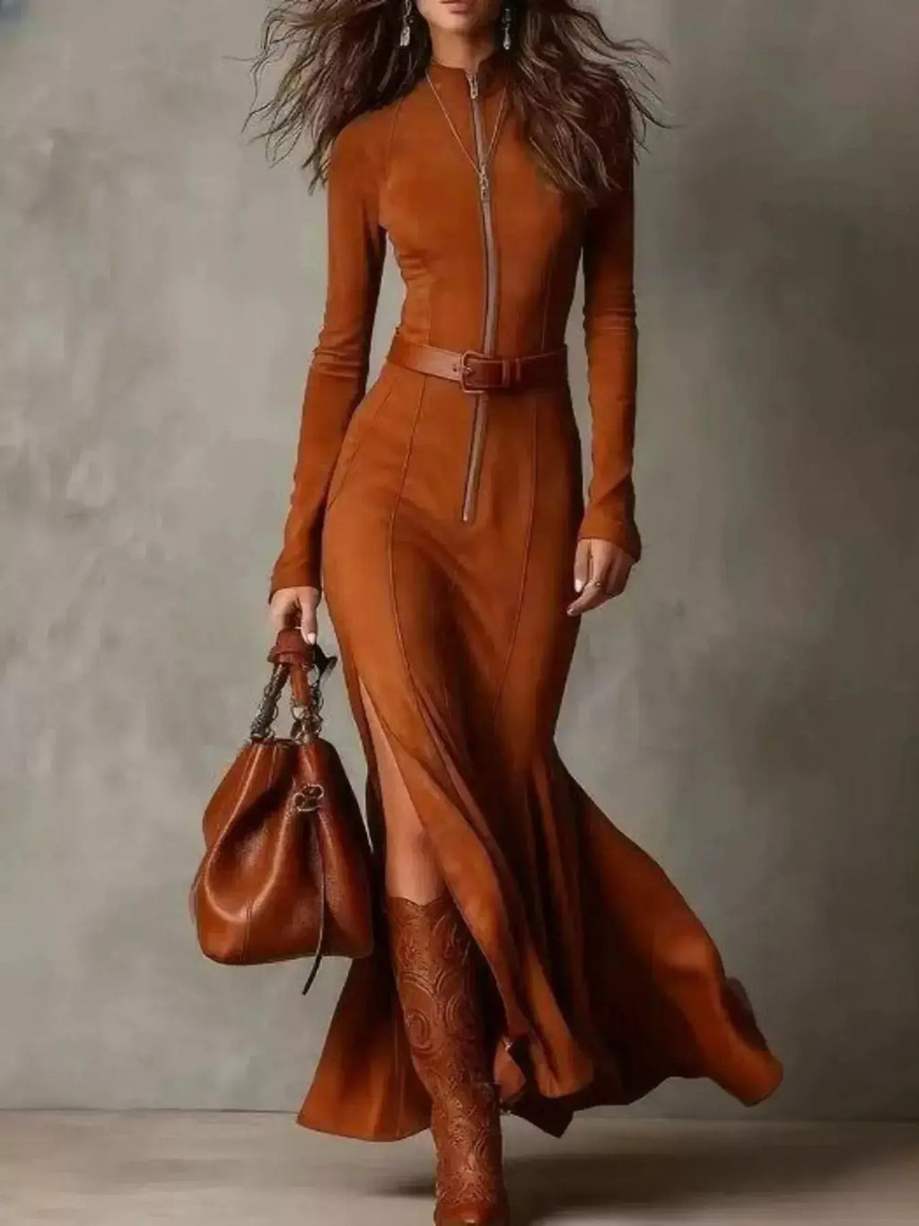 Women's zipper front slit maxi dress by Trendsi, elegant plus size casual evening dress with flowing fabric and slit detail.