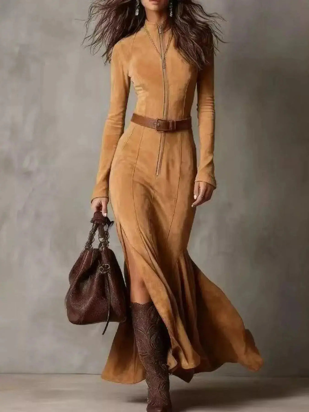 Elegant plus size women's zipper front slit maxi dress by Trendsi, featuring a casual evening dress style with a flowing silhouette.