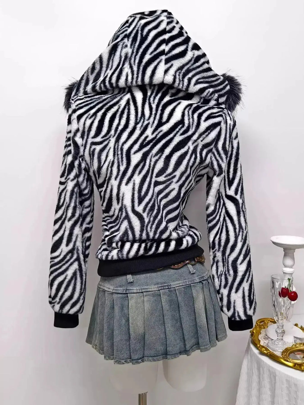 Zebra Faux Fur Hooded Zip-Up Outerwear - Plush Fashion Hub