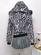 Zebra Faux Fur Hooded Zip-Up Outerwear - Plush Fashion Hub