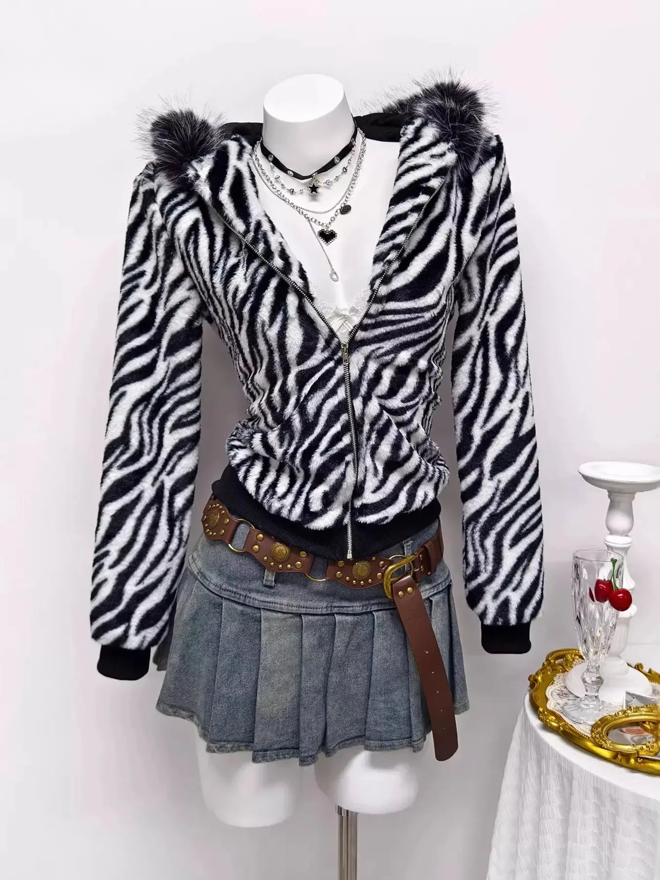 Zebra Faux Fur Hooded Zip-Up Outerwear - Plush Fashion Hub