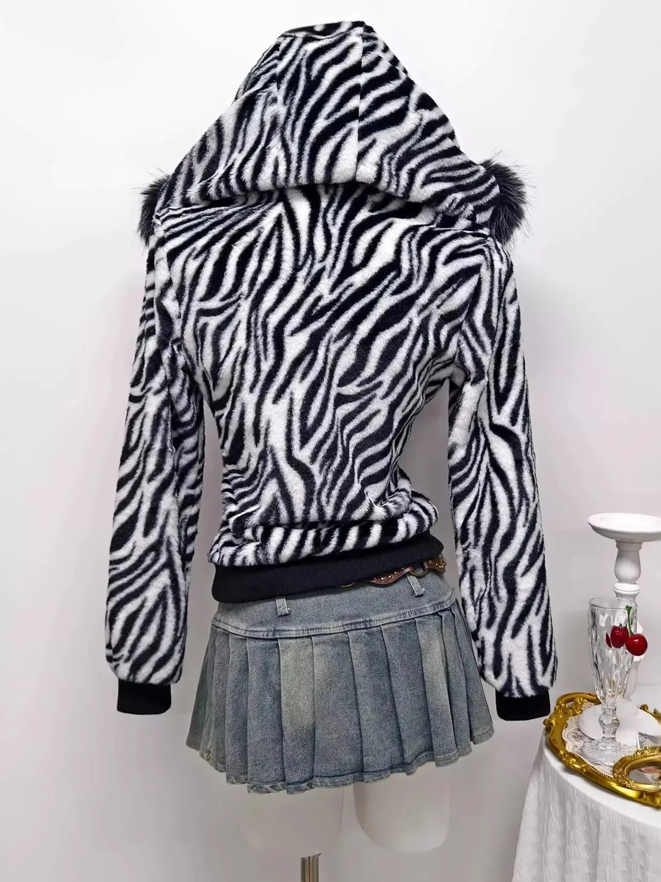 Zebra Faux Fur Hooded Zip-Up Outerwear - Plush Fashion Hub
