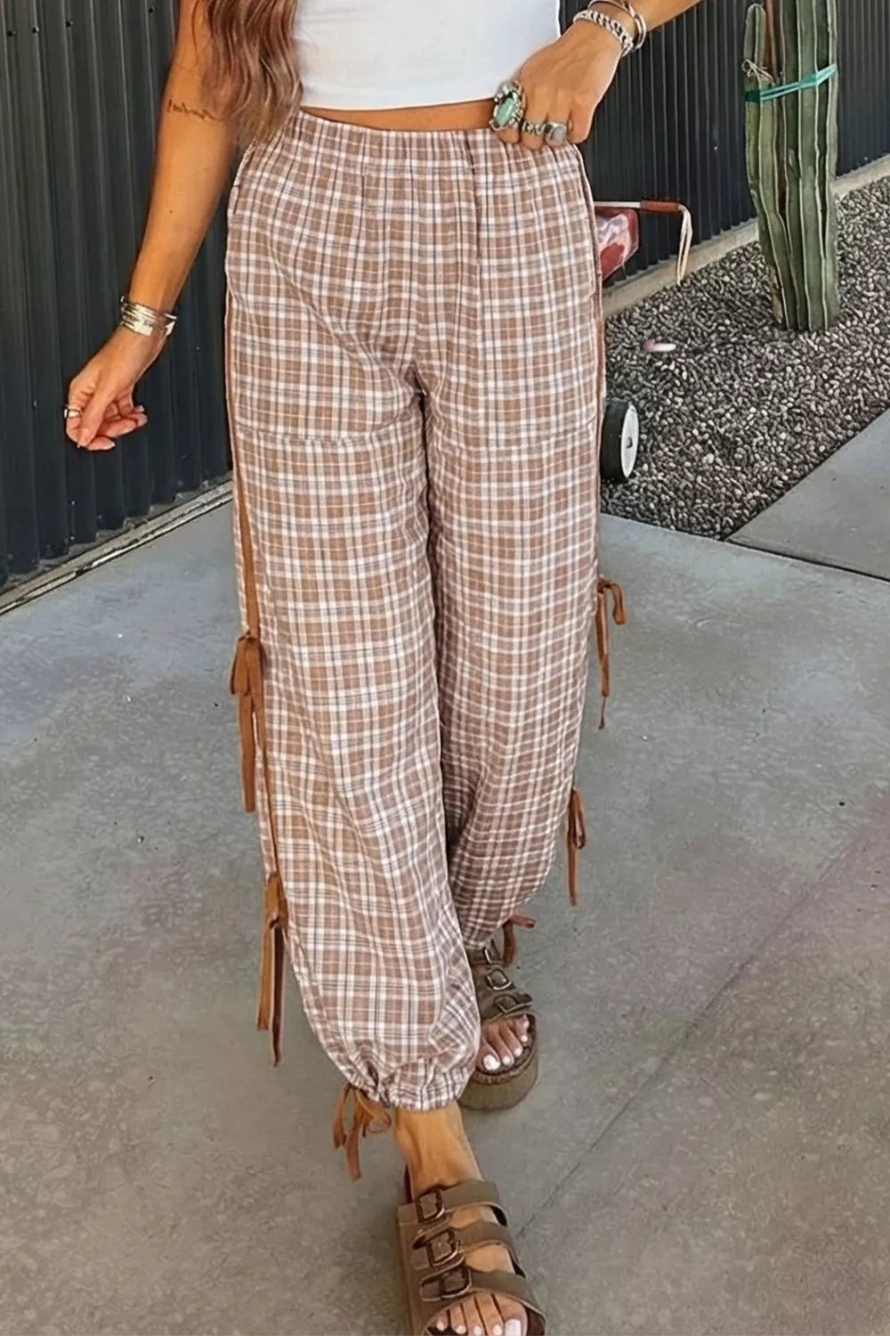 Casual plaid print pants with tie detail from Trendsi, featuring a relaxed fit and stylish design.