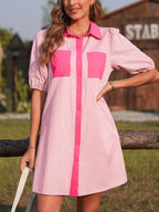 Stripe color block puff sleeve button-down mini dress by Trendsi, featuring a fitted silhouette, vibrant stripes, and stylish puff sleeves.