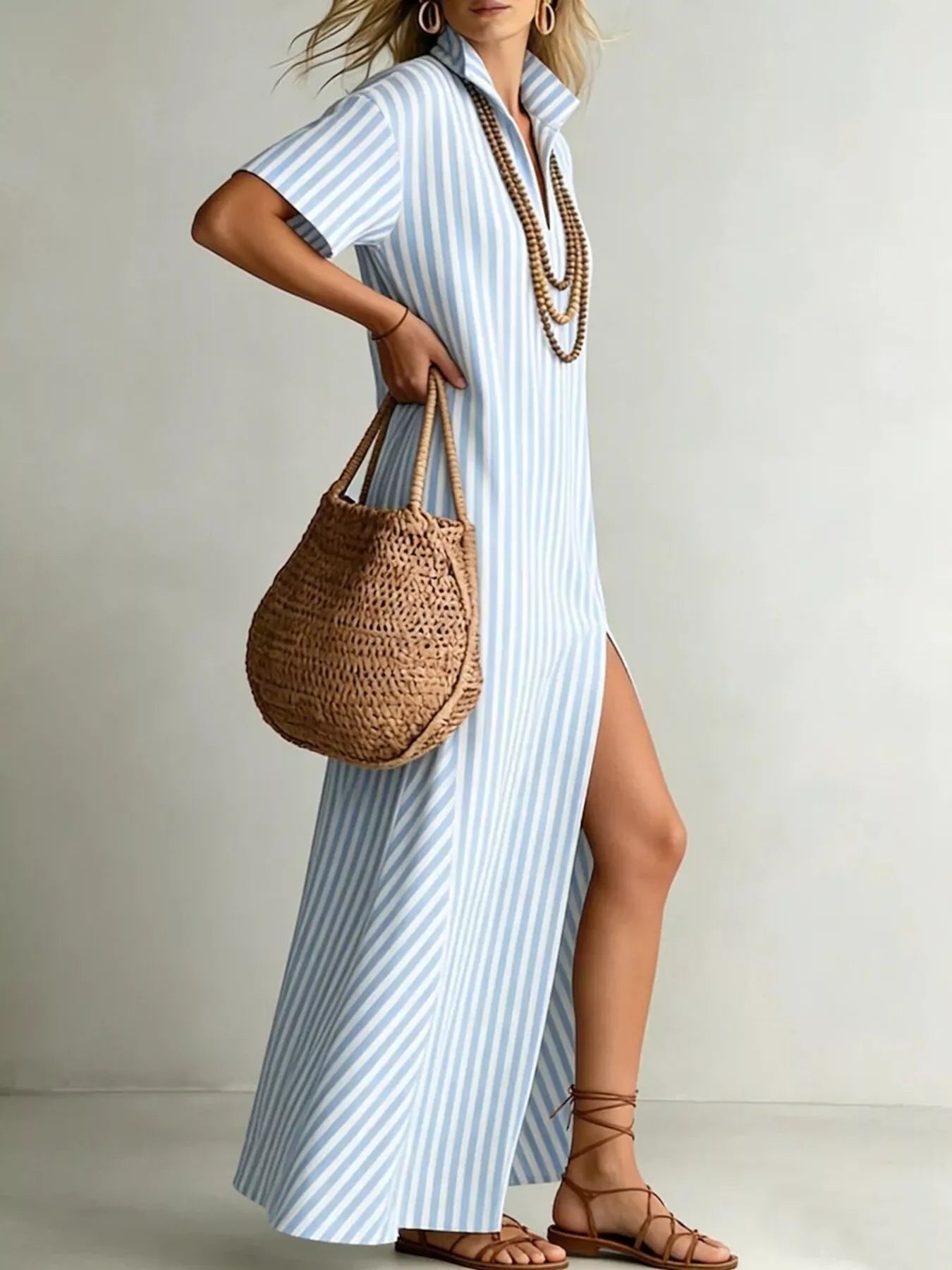 Striped high slit maxi shirt dress by Trendsi featuring a relaxed fit, front buttons, and bold vertical stripes for a stylish look.