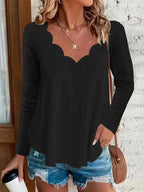 Elegant women's eyelet long sleeve blouse by Trendsi, featuring a versatile, stretchy office top with detailed eyelet design.