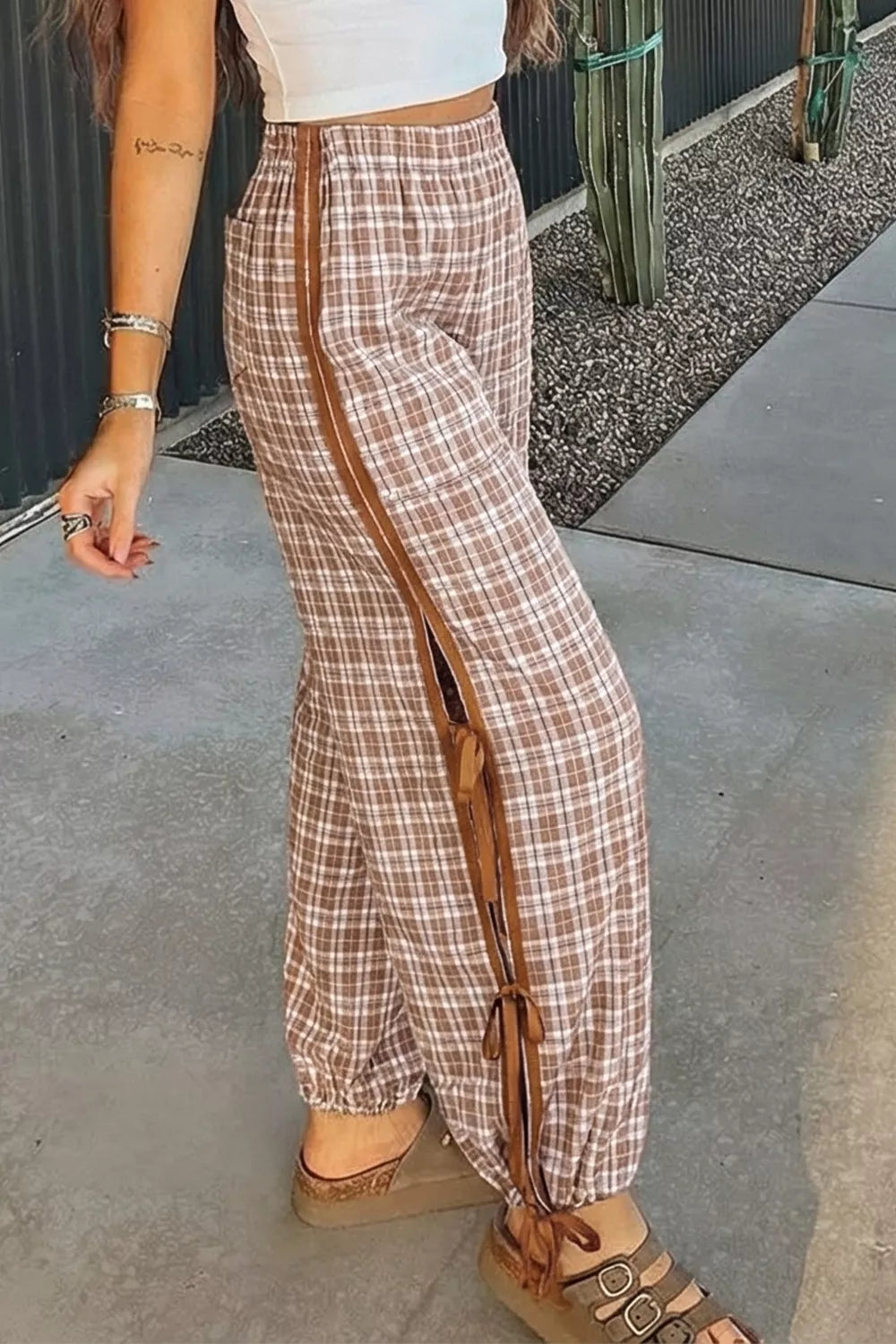 Casual plaid print pants with tie detail from Trendsi, featuring a relaxed fit and stylish pattern for everyday wear.