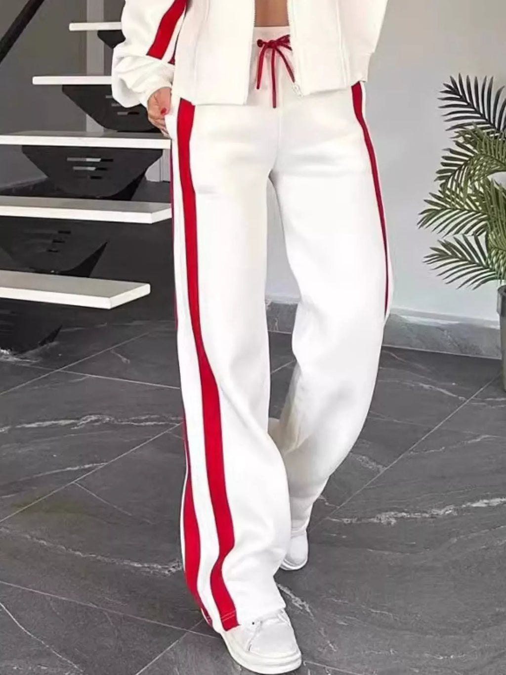 Plus size contrast stripe zip-up activewear jacket and pants set by Plush Fashion Hub, full size, sporty and comfortable.