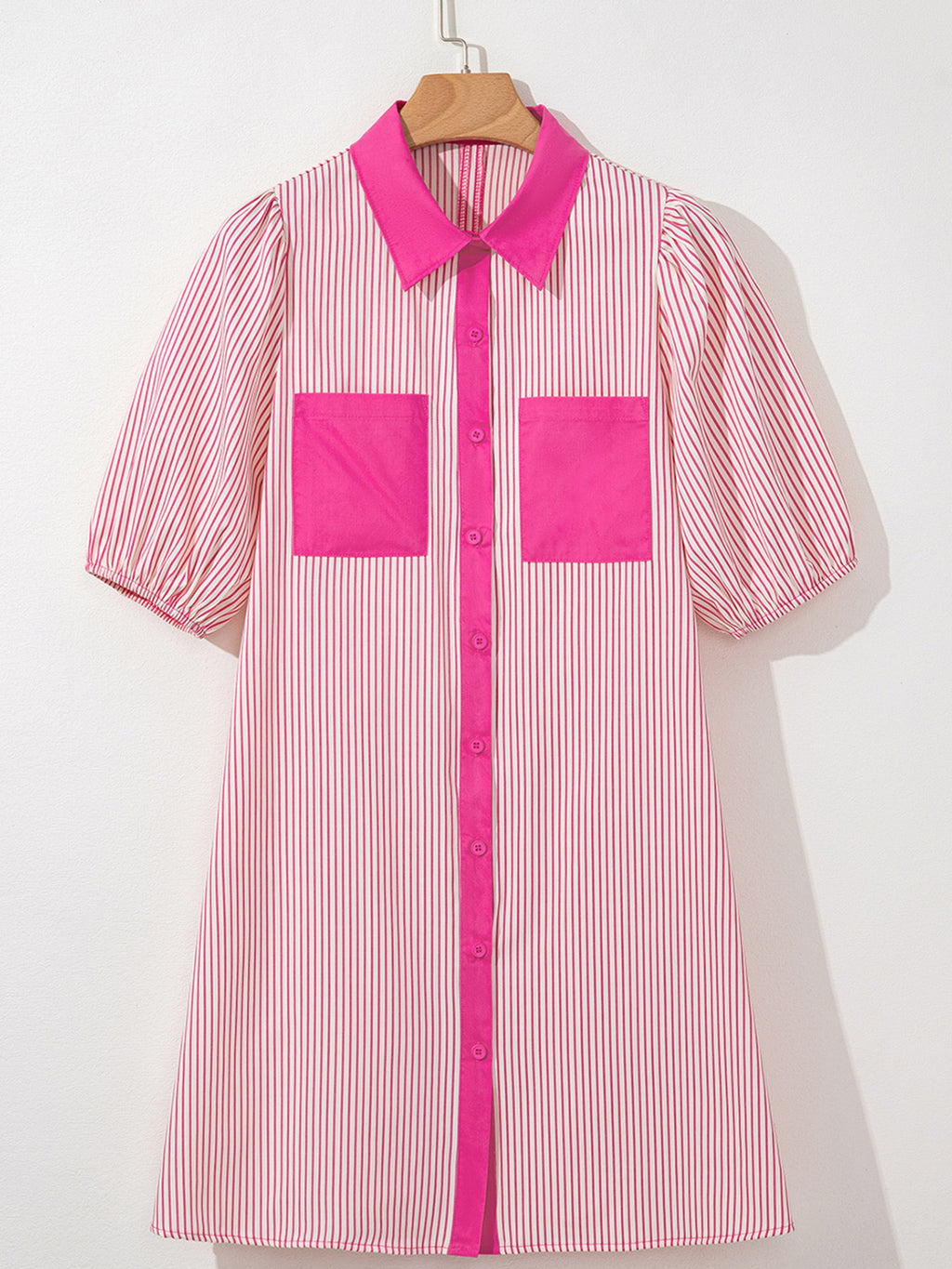 Stripe color block puff sleeve button-down mini dress by Trendsi featuring vibrant colors and a stylish, fitted silhouette.