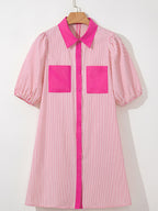 Stripe color block puff sleeve button-down mini dress by Trendsi featuring vibrant colors and a stylish, fitted silhouette.