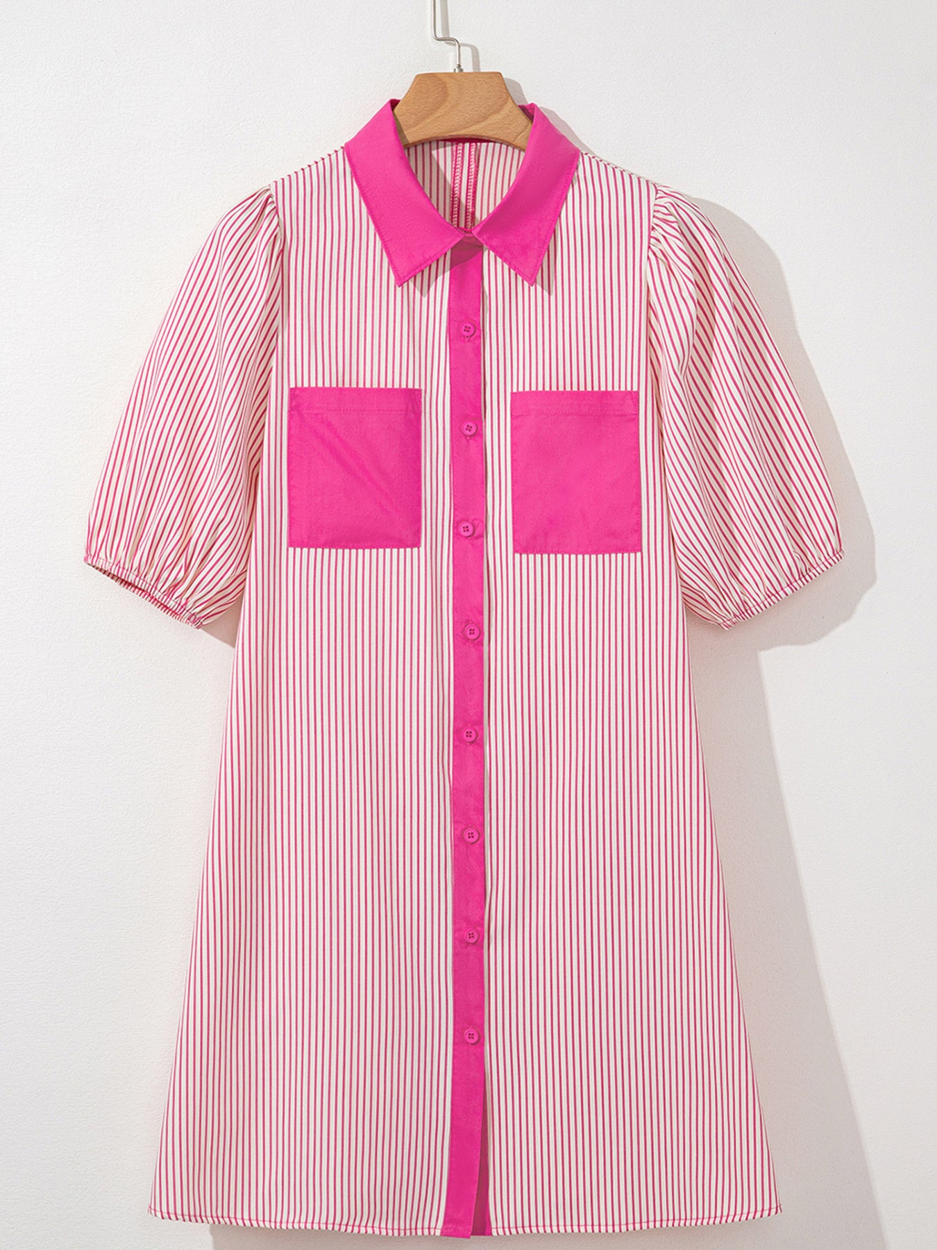 Stripe color block puff sleeve button-down mini dress by Trendsi featuring vibrant colors and a stylish, fitted silhouette.