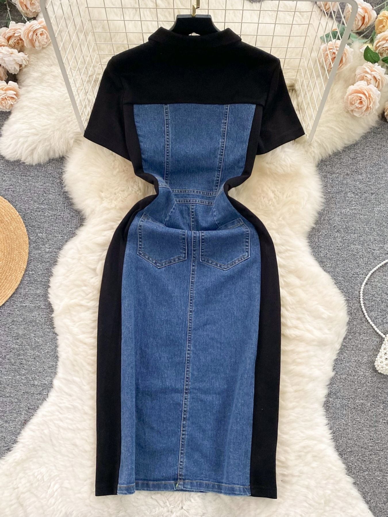 Color block denim patchwork bodycon mini dress by Trendsi featuring a fitted silhouette and vibrant patchwork design.