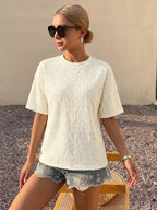 Textured paisley pattern casual T-shirt with short sleeves and round neckline, stylish and comfortable tops by Trendsi.