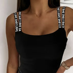 Black square-neck tank top with double shoulder straps featuring white repeating "LOVE" text.