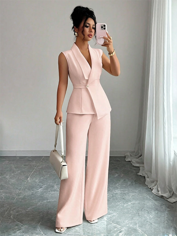 Women's Sleeveless Blazer & Straight-Leg Pants Two-Piece Set FitiqueFit