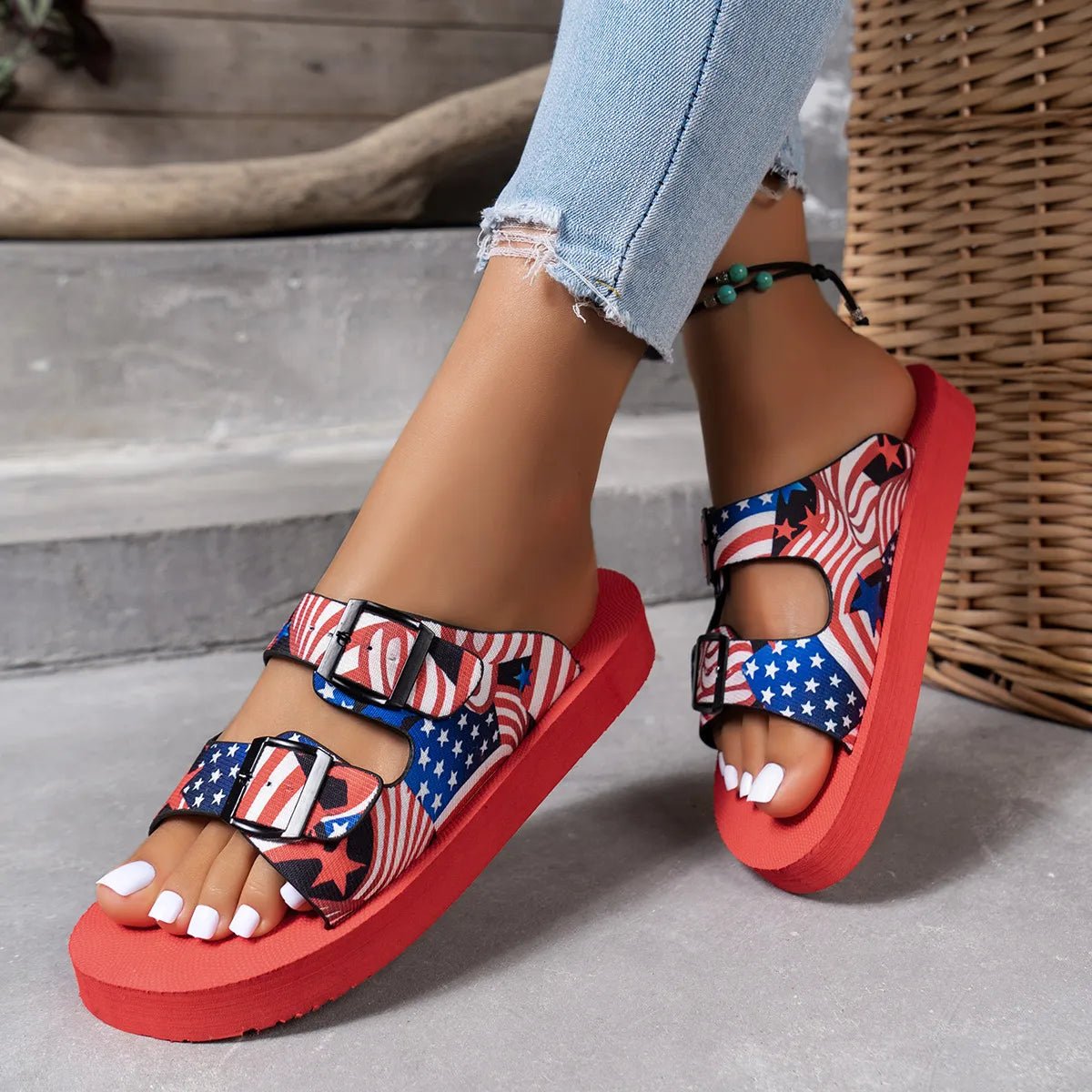 American Flag Patriotic Double Strap Sandals - Plush Fashion Hub