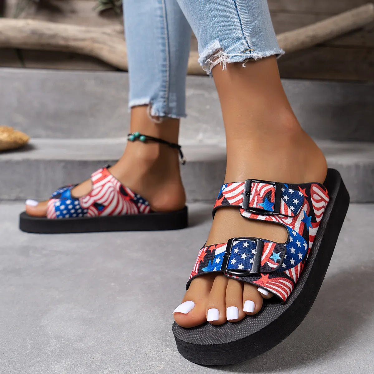 American Flag Patriotic Double Strap Sandals - Plush Fashion Hub