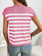 Women's striped knit cap sleeve sweater with pocket detail, stylish and casual Trendsi fashion piece.