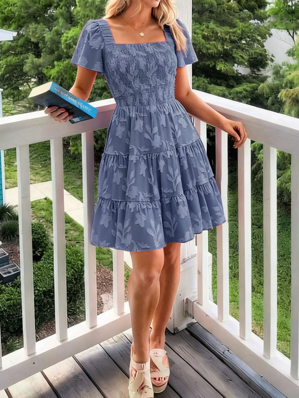 Women's smocked tiered square neck short sleeve casual dress with pockets, trendy and comfortable for everyday wear.