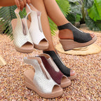 Open toe wedge sandals by Plush Fashion Hub featuring a stylish design with a cork wedge heel and adjustable ankle strap.
