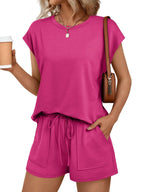 Women's soft round neck cap sleeve lounge set with drawstring shorts, stylish and comfortable 2-piece outfit by Trendsi.