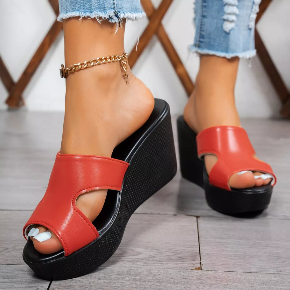 Open toe wedge sandals by Plush Fashion Hub featuring stylish straps and a comfortable platform sole.