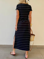 Women's striped cotton midi T-shirt dress with side slit, casual and comfortable, by Trendsi.