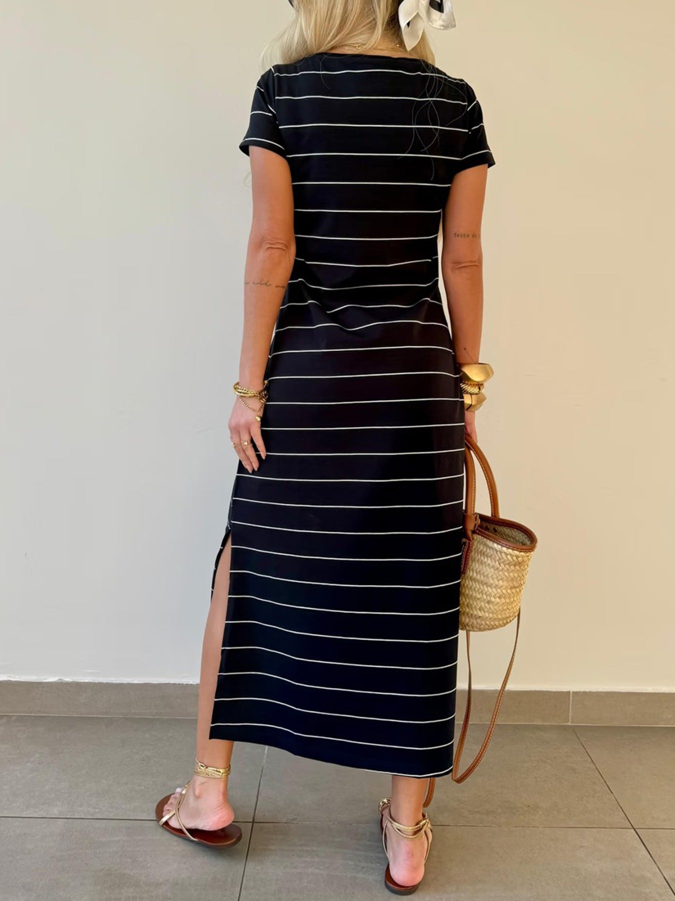 Women's striped cotton midi T-shirt dress with side slit, casual and comfortable, by Trendsi.
