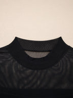 Women's sheer mesh patchwork cap sleeve T-shirt by Trendsi, featuring elegant layering style with see-through fabric and stylish design.