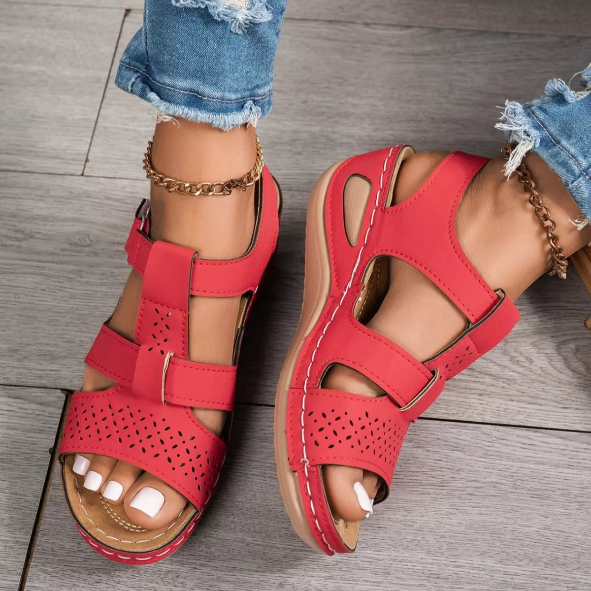 Open toe wedge sandals by Trendsi, stylish footwear with a comfortable wedge heel and open toe design for casual or summer wear.