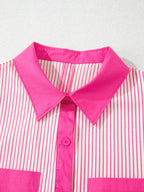Color block puff sleeve button-down mini dress by Trendsi featuring stripe patterns and a stylish silhouette.
