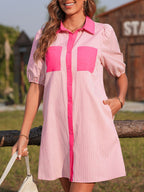 Stripe color block puff sleeve button-down mini dress by Trendsi, featuring bold stripes and a fitted silhouette.