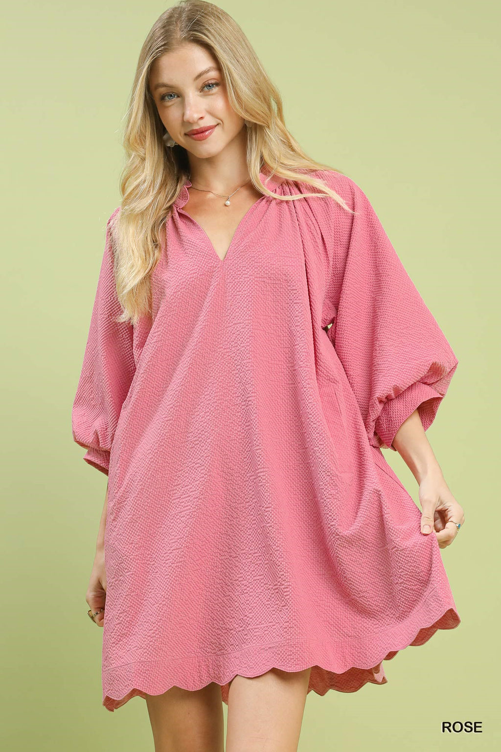 Rose textured balloon sleeve mini dress with pockets, stylish and feminine, by Trendsi, shown on a model.