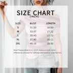 A model wearing a light pink, asymmetrical off-the-shoulder mesh top, overlaid with a size chart.