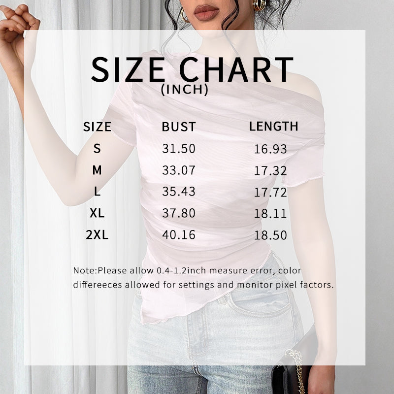 A model wearing a light pink, asymmetrical off-the-shoulder mesh top, overlaid with a size chart.