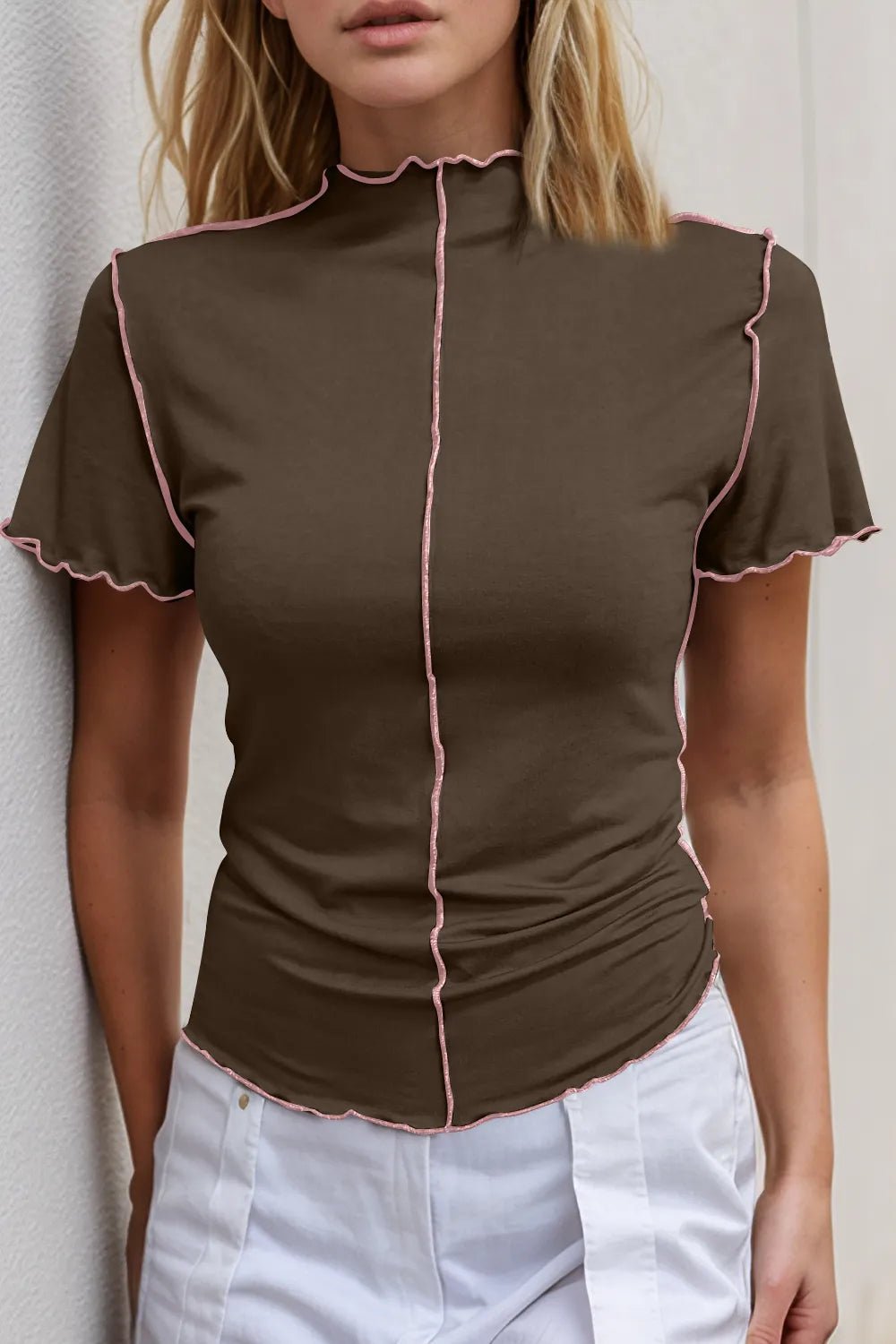 Basic Bae Contrast Trim Mock Neck Short Sleeve T-Shirt - Plush Fashion Hub