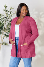 Women's ribbed open front cardigan with pockets, lightweight and stylish, perfect for casual layering.