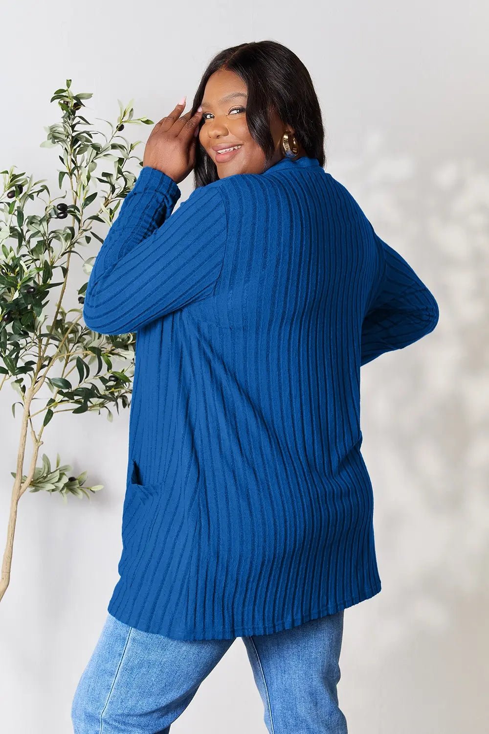 Basic Bae Full Size Ribbed Open Front Cardigan with Pockets - Plush Fashion Hub