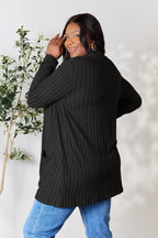 Women's lightweight ribbed open front cardigan with functional pockets, stylish and cozy for versatile layering.
