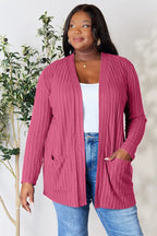 Women's ribbed open front cardigan with functional pockets, lightweight and versatile, from Trendsi.