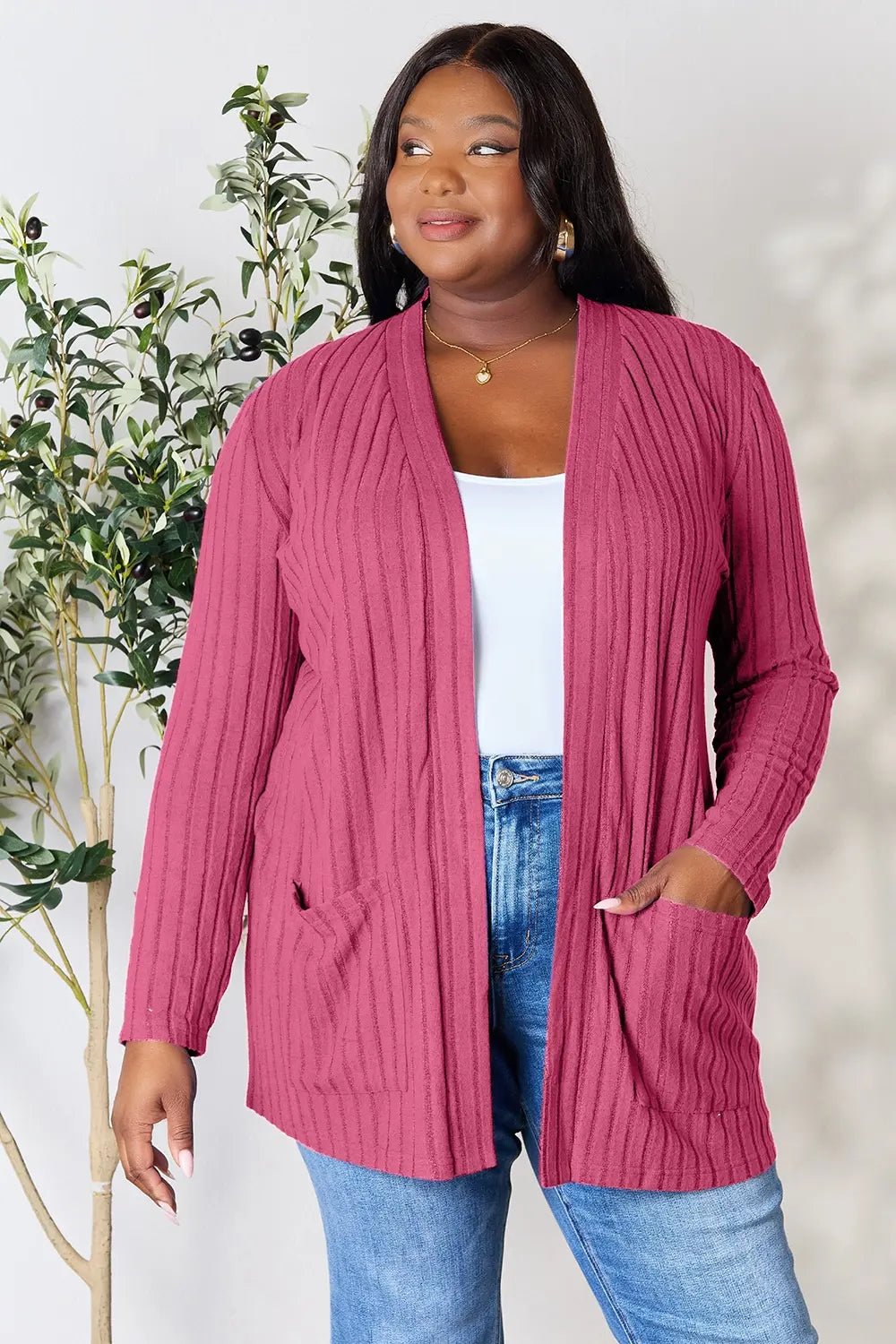 Women's ribbed open front cardigan with functional pockets, lightweight and versatile, from Trendsi.