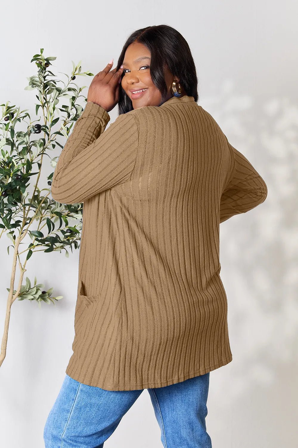 Women’s lightweight ribbed open front cardigan with functional pockets, stylish women’s apparel from Trendsi.