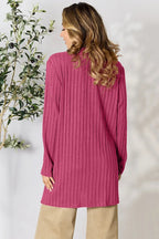 Women's ribbed open front cardigan with functional pockets, lightweight and stylish, from Trendsi women's apparel.