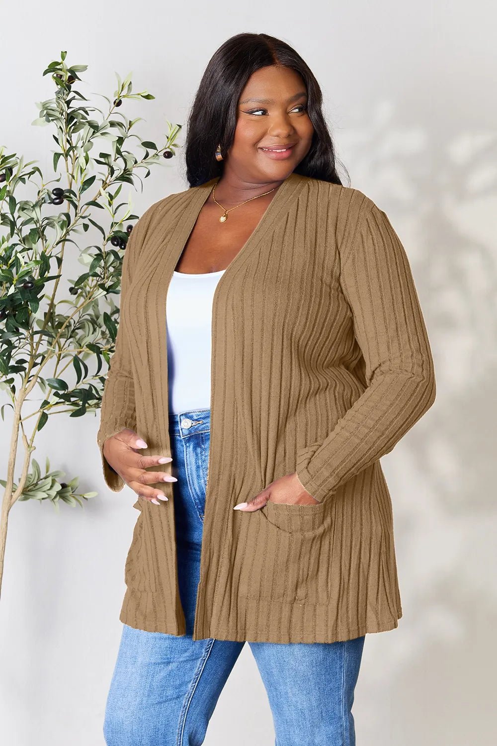 Women's lightweight ribbed open front cardigan with functional pockets, casual women's apparel by Trendsi.