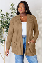 Women's ribbed open front cardigan with functional pockets, lightweight layer, trendy women's apparel by Trendsi.